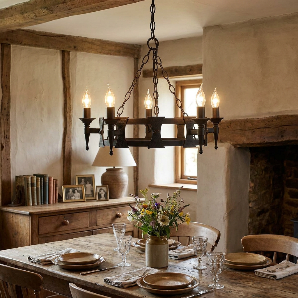 A five-light black iron chandelier hangs above a rustic wooden dining table in a traditional cottage interior.