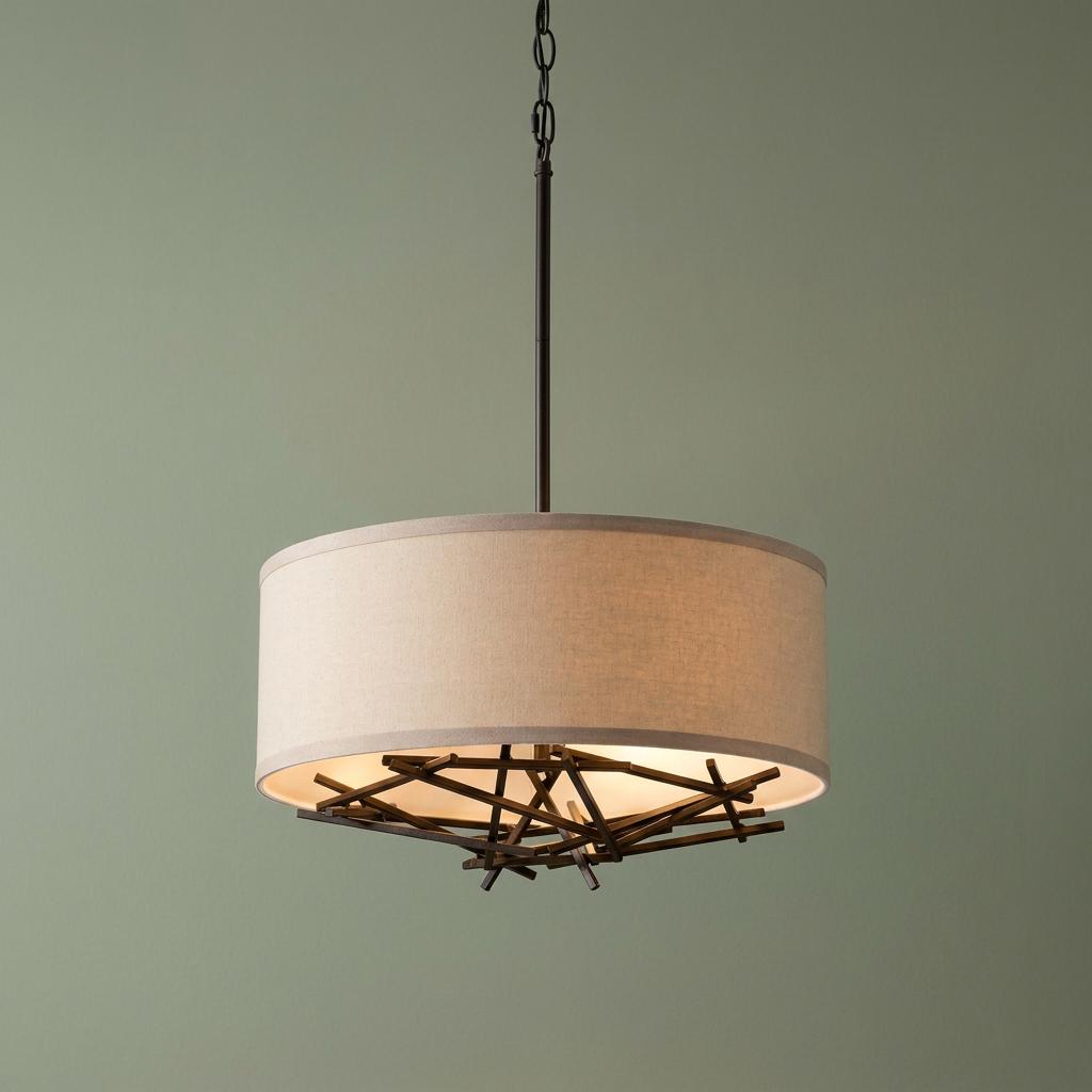 Elstead Taiko bronze ceiling pendant with a beige drum shade and criss-cross metal base against a green backdrop.