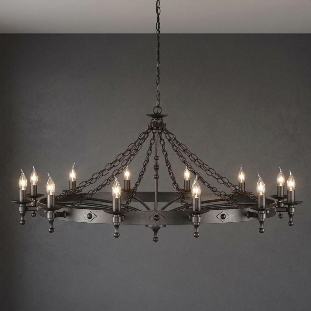 Medieval-style 12-light chandelier in grey metal with chain details and glowing candle bulbs.