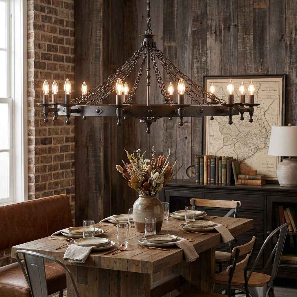 A large Elstead Warwick 12-light chandelier with grey finish and chain accents over a rustic wooden dining table.