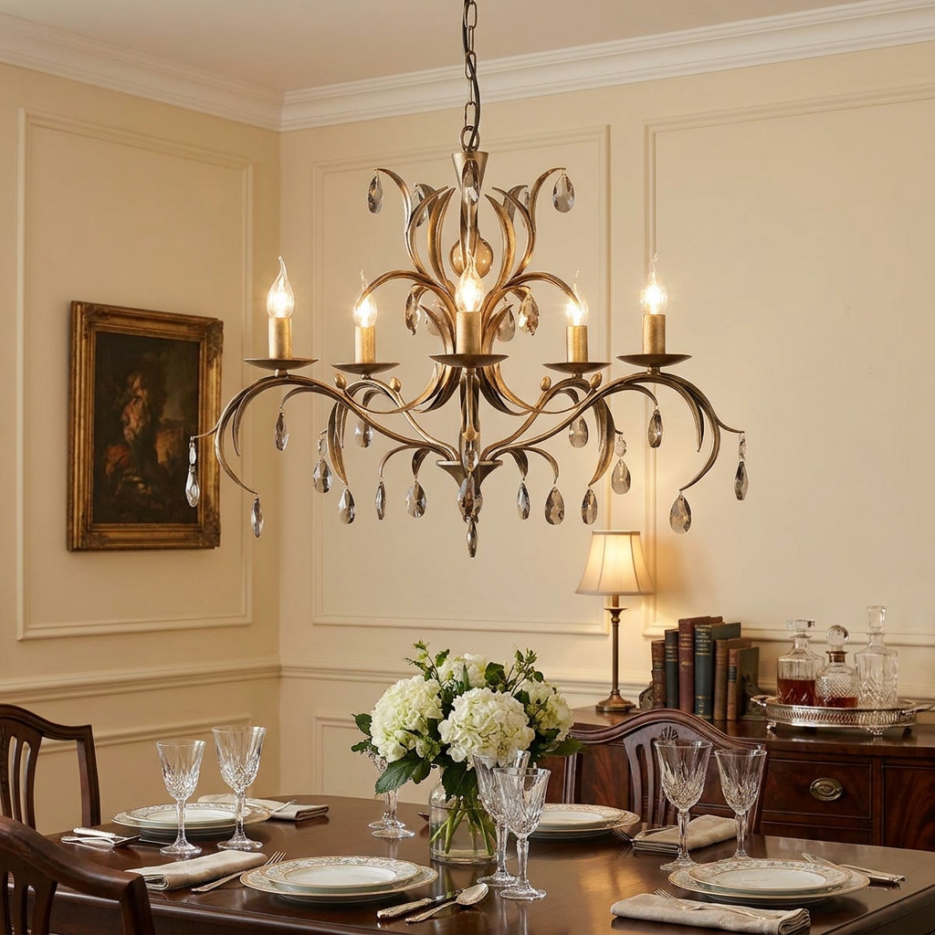 Elstead Lily 5 Light Bronze Chandelier with crystal droplets hanging over an elegantly set dining table.