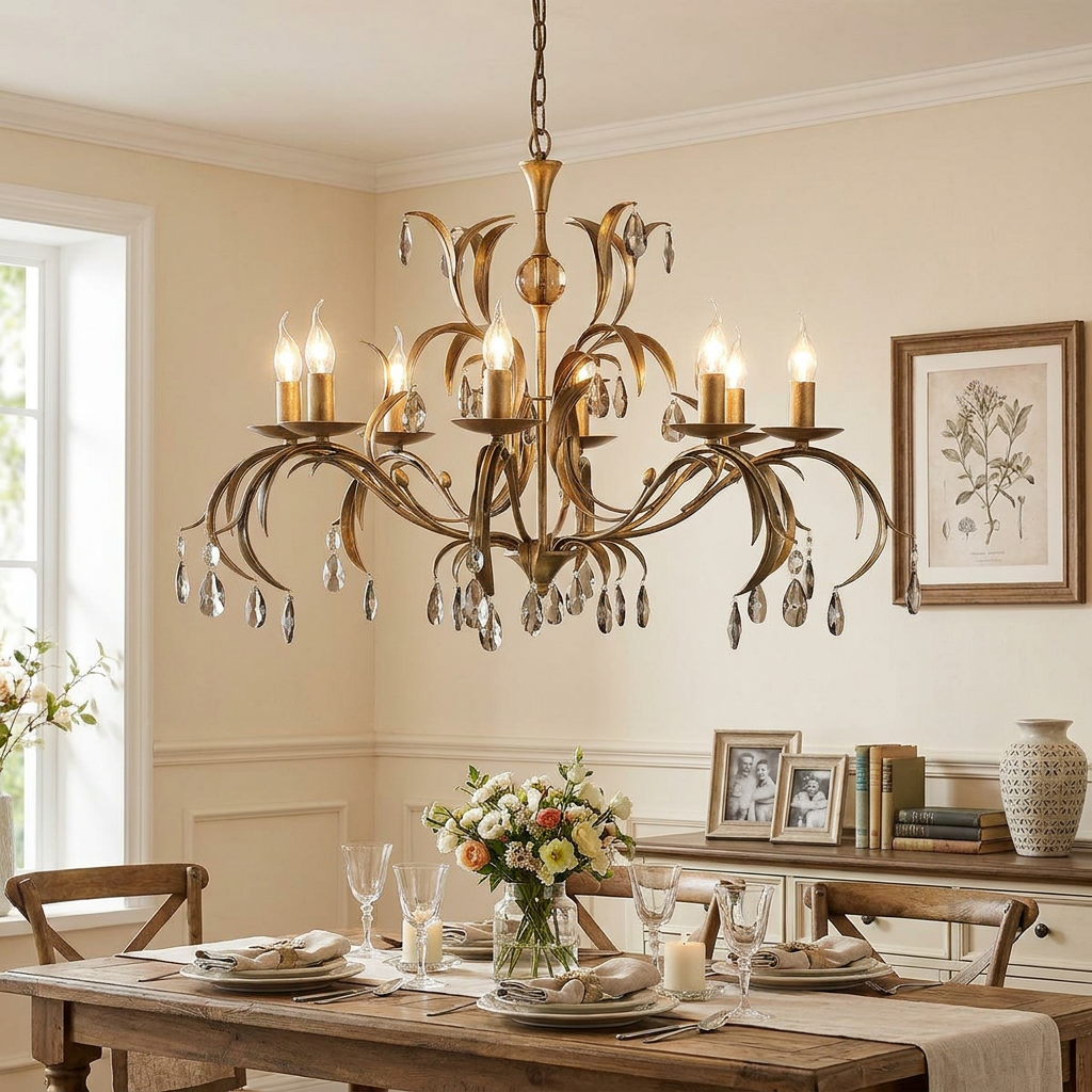 Ornate 8-light bronze patina chandelier with leaf-like arms and crystals over a set dining table.