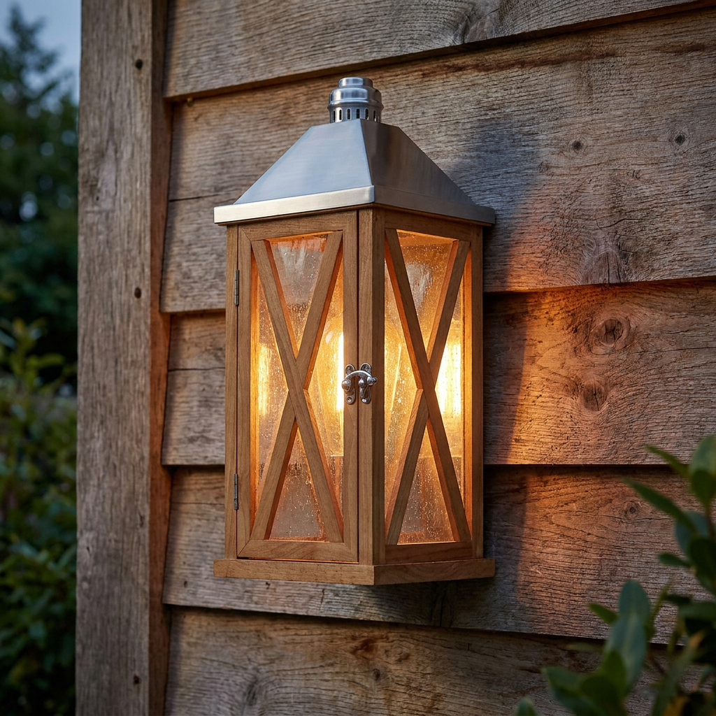 Natural oak lantern wall light with seeded glass and silver top glowing on a rustic wooden wall.