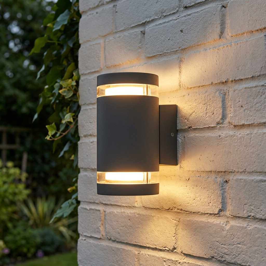 Elstead Magnus 2 light grey outdoor wall light with a warm glow, mounted on a white brick wall.