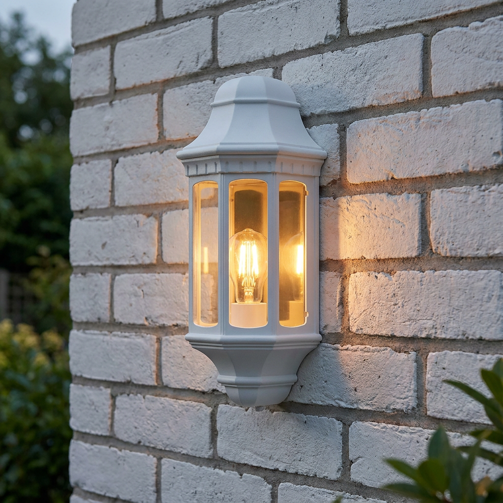 Traditional white outdoor half-lantern wall light with a glowing filament bulb mounted on a white brick wall.