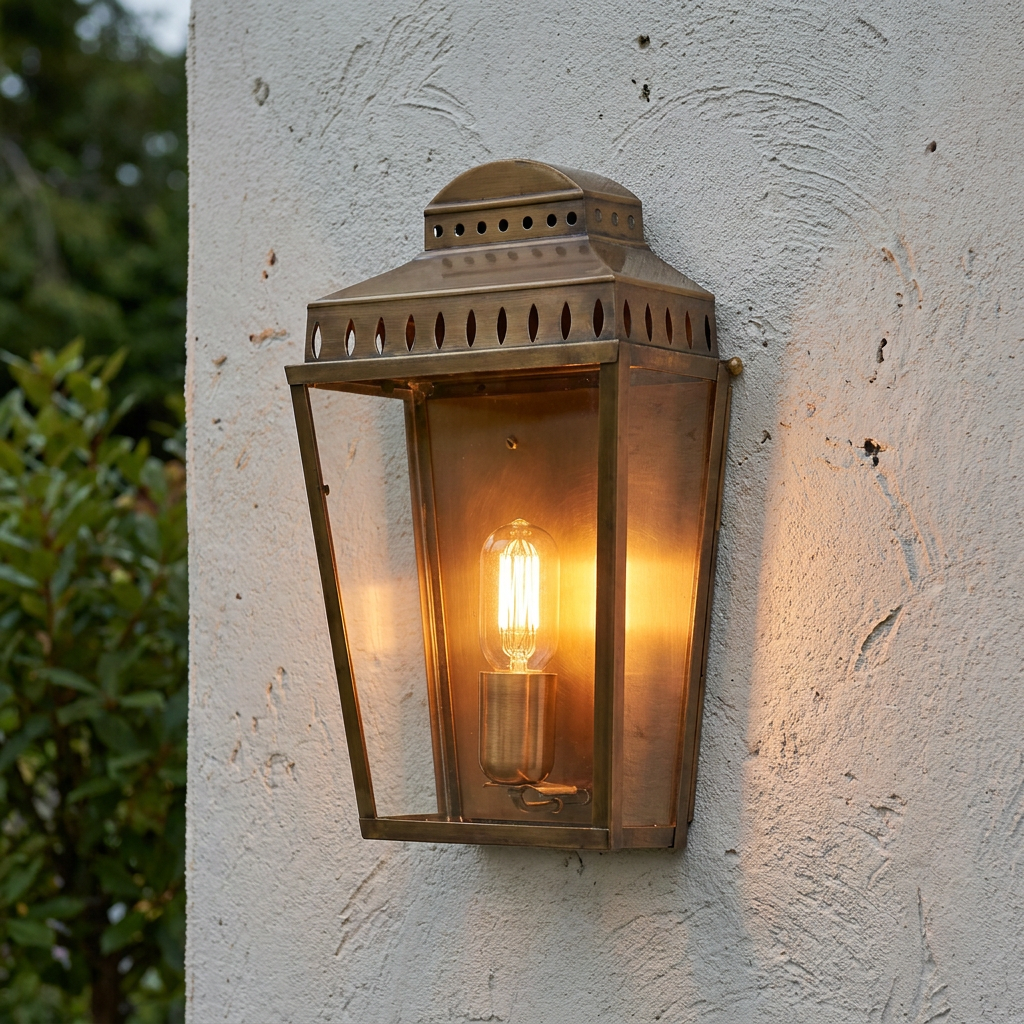 Aged brass outdoor wall lantern with a glowing filament bulb mounted on a white textured exterior wall.