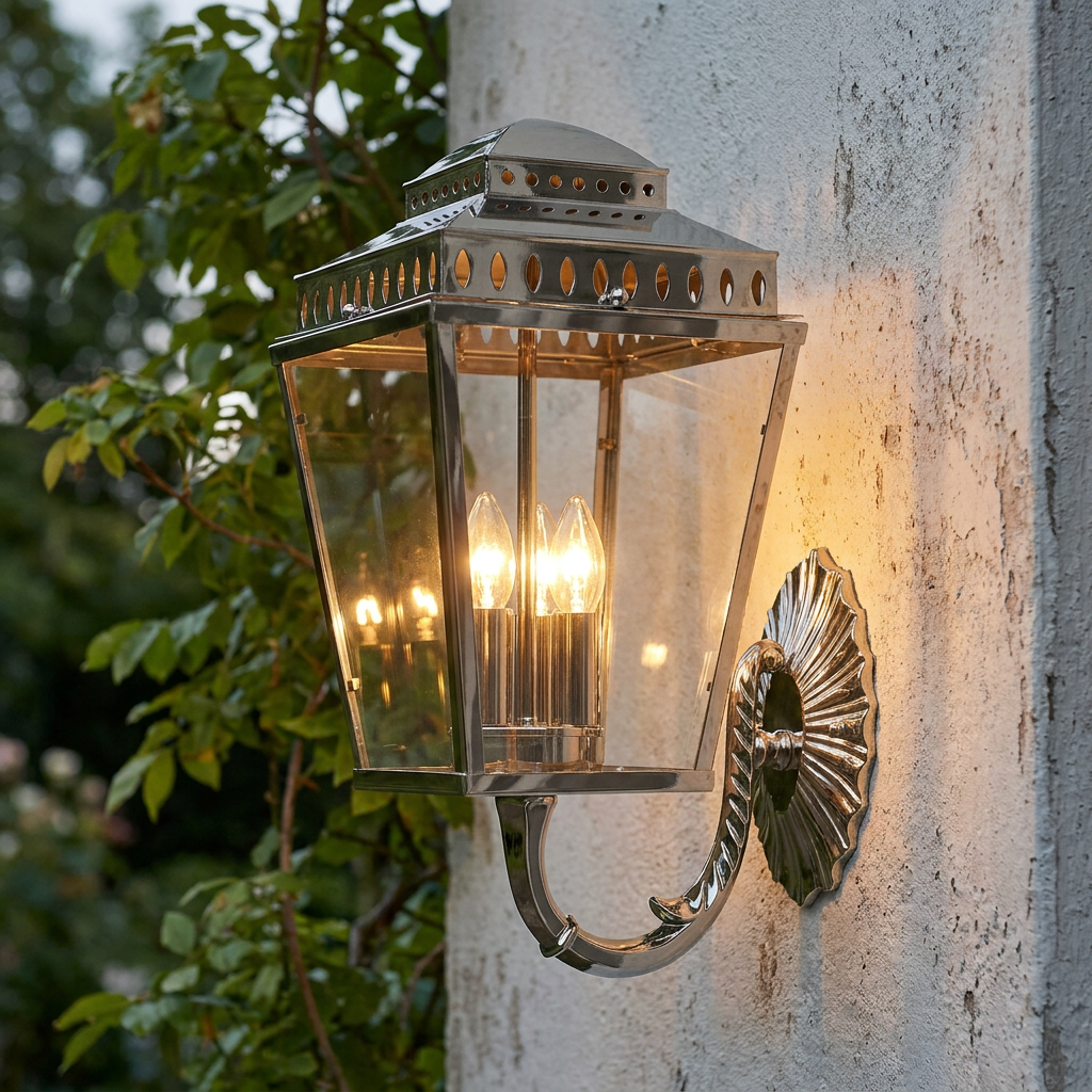 Traditional polished nickel outdoor lantern with glowing bulbs mounted on a white textured stone wall.