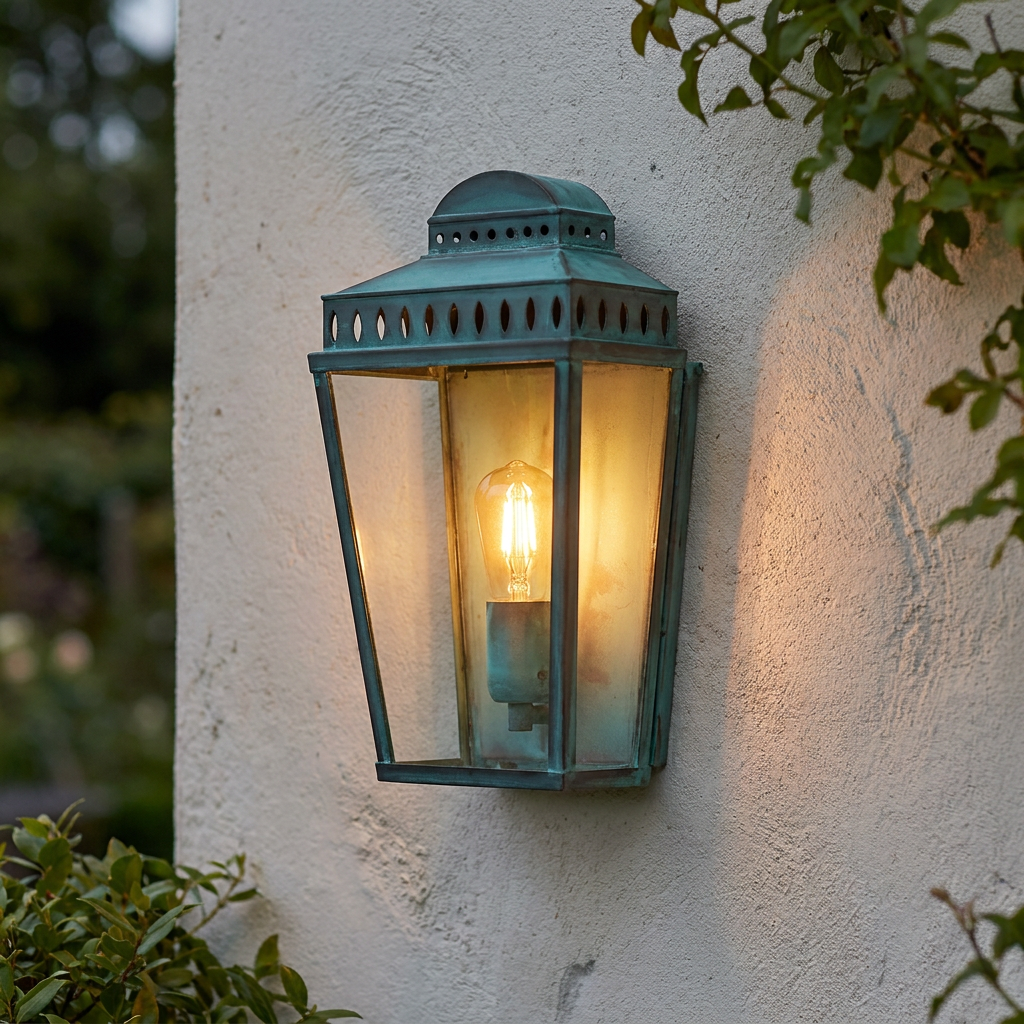 A verdigris outdoor lantern wall light with a glowing filament bulb mounted on a white textured exterior wall.