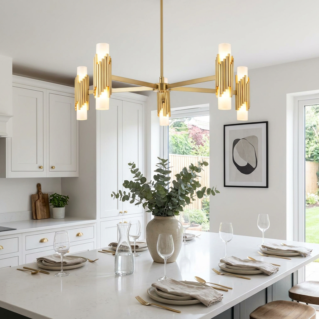 Elstead Marvele 10 light brass Art Deco chandelier hanging above a set dining table in a bright modern kitchen.