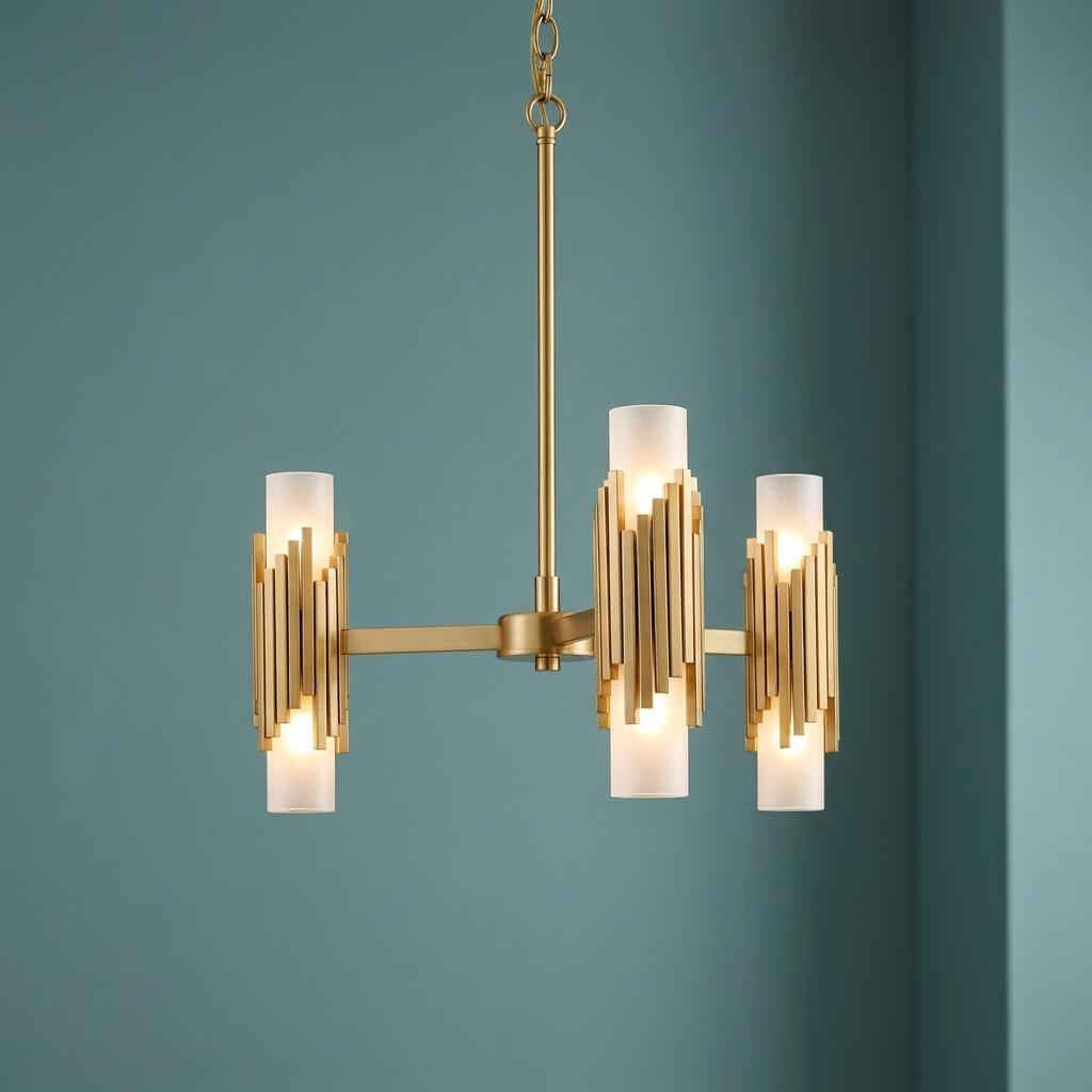 Elstead Marvele 6 Light Art Deco Chandelier in brass with frosted glass shades against a teal wall.