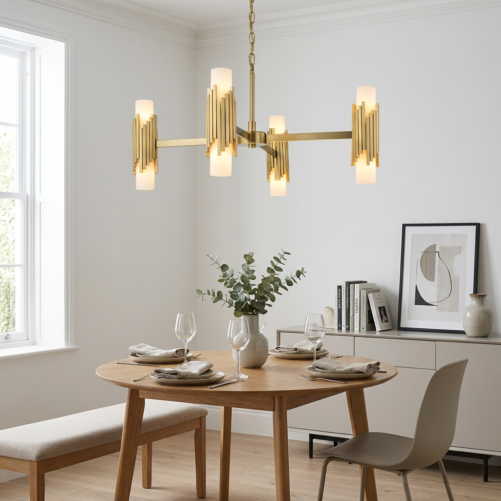 Eight-light gold Art Deco chandelier with frosted glass shades hanging above a set wooden dining table.