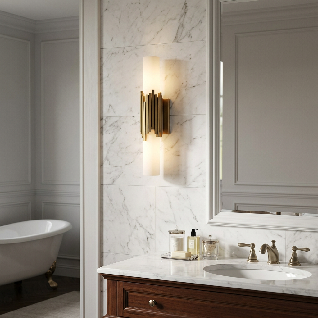 Elstead Marvele Double Brass Art Deco Wall Light mounted on a marble wall in a luxury bathroom.