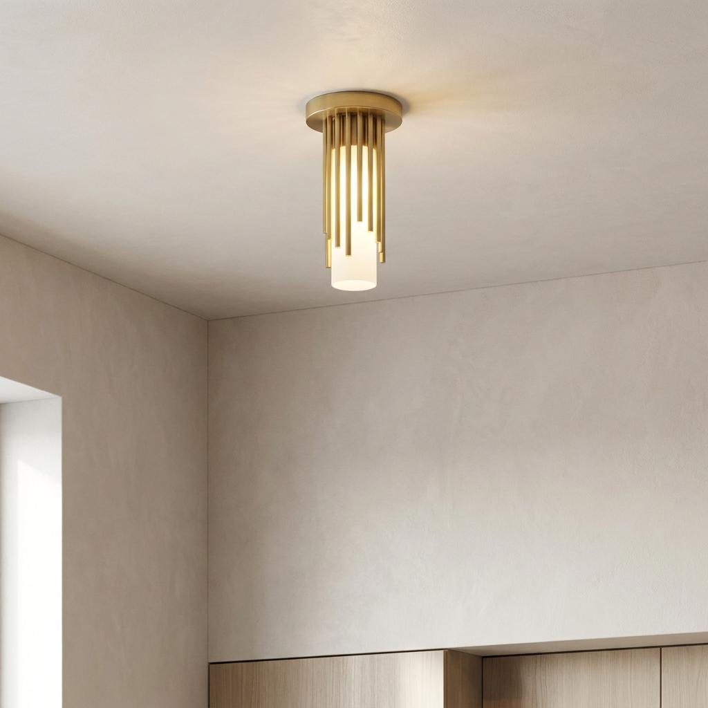 Brass flush mount ceiling light with vertical rods and an opal glass diffuser in a contemporary interior.