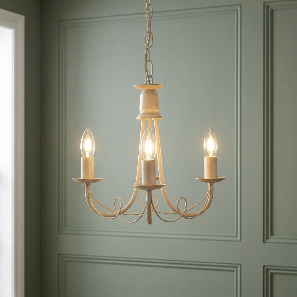 Three-light ivory and gold chandelier with candle bulbs illuminated against a green paneled wall.