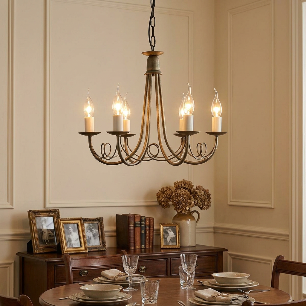 Elstead Minster ivory and gold 6-light chandelier hanging in a traditional dining room above a set wooden table.