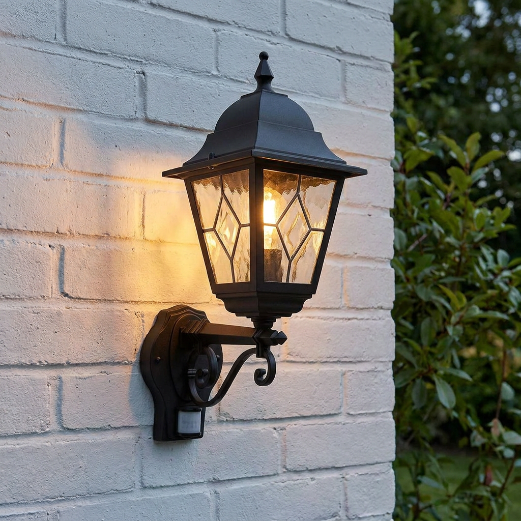 Traditional black outdoor PIR wall lantern with leaded glass panels mounted and lit on a white brick wall.
