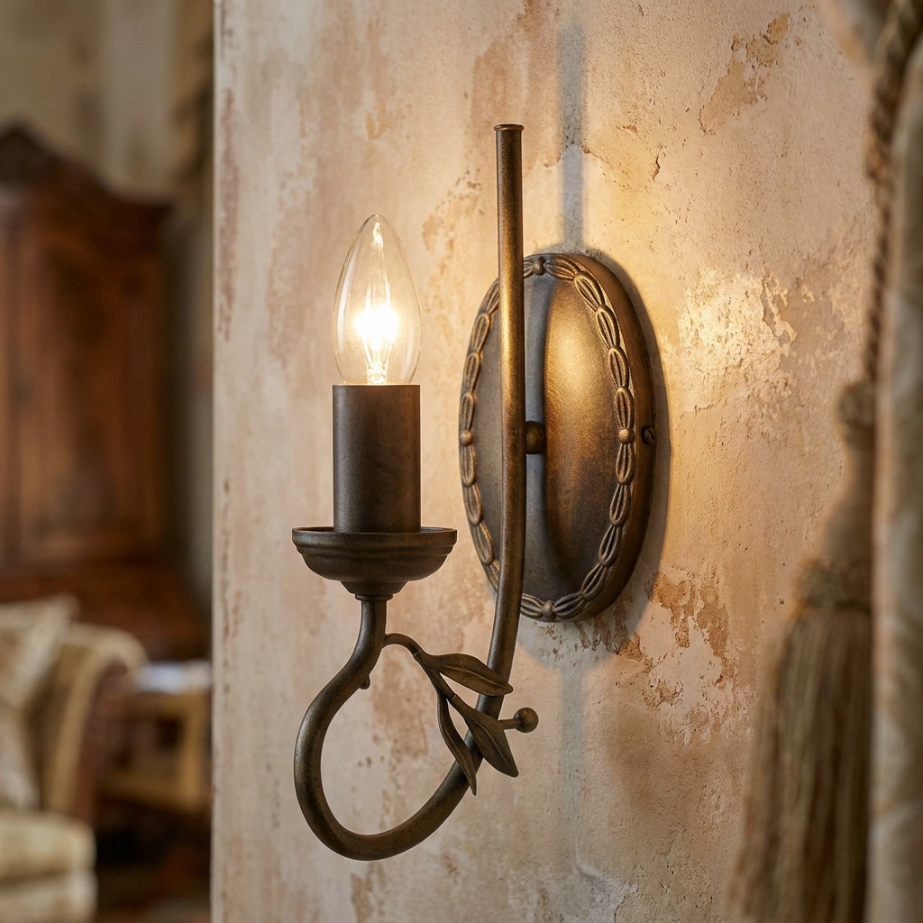 Traditional Elstead Olivia black and gold 1-light wall sconce with leaf details on a textured wall.