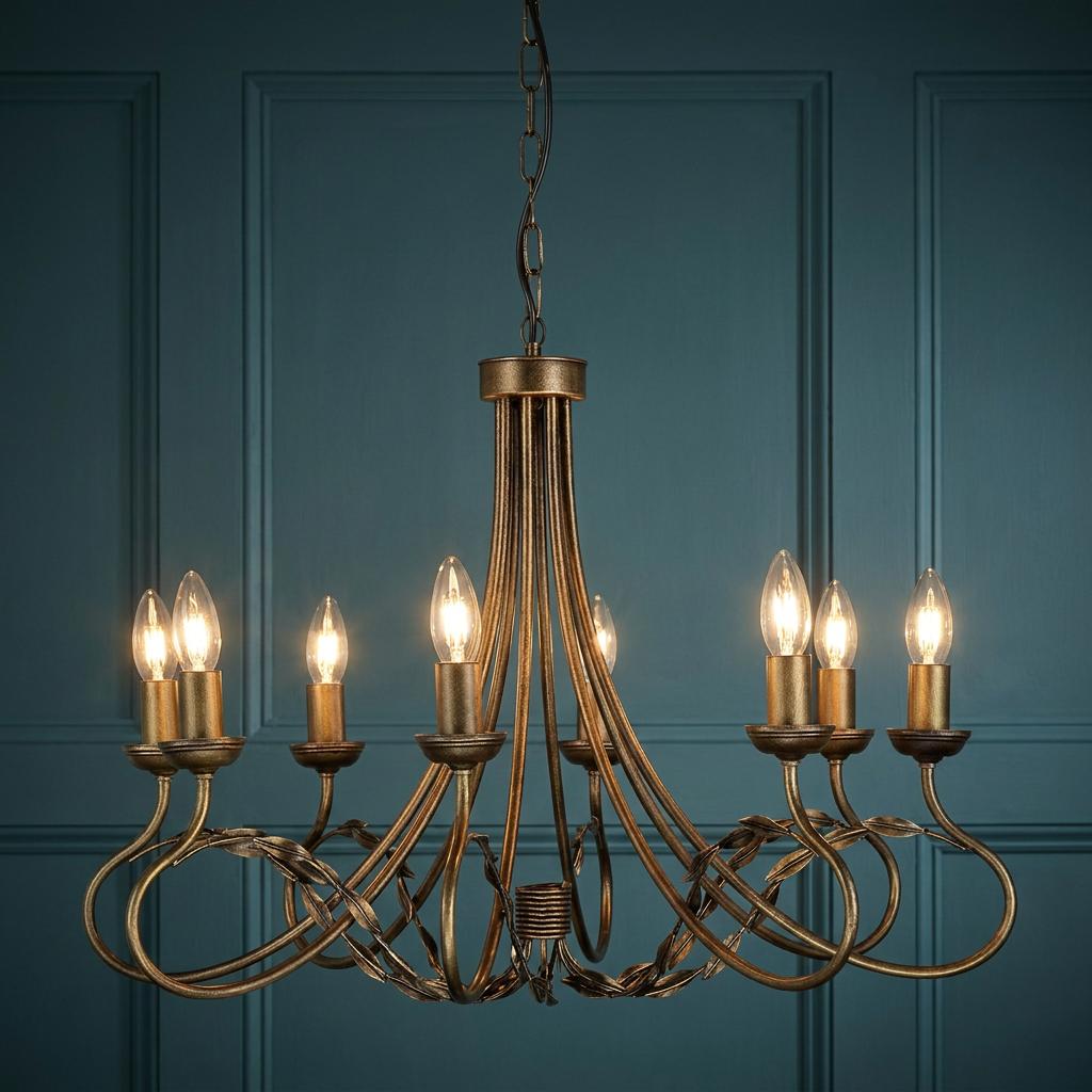 Elstead Olivia black and gold 8 light chandelier with leaf details against a teal paneled wall.