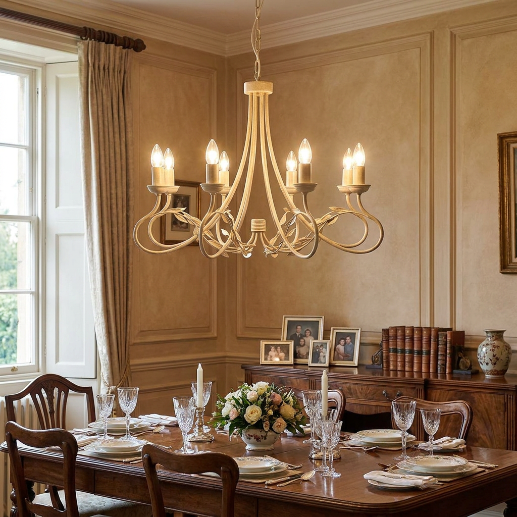 Ivory and gold 8-light chandelier with leaf motifs hanging over an elegantly set dining table in a classic room.