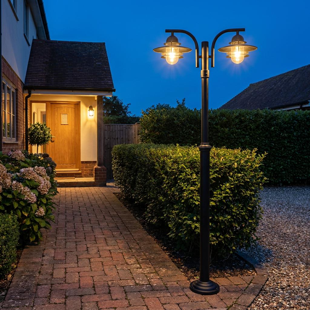 Black double-headed outdoor lamp post illuminating a brick path and hedge in front of a house at twilight.