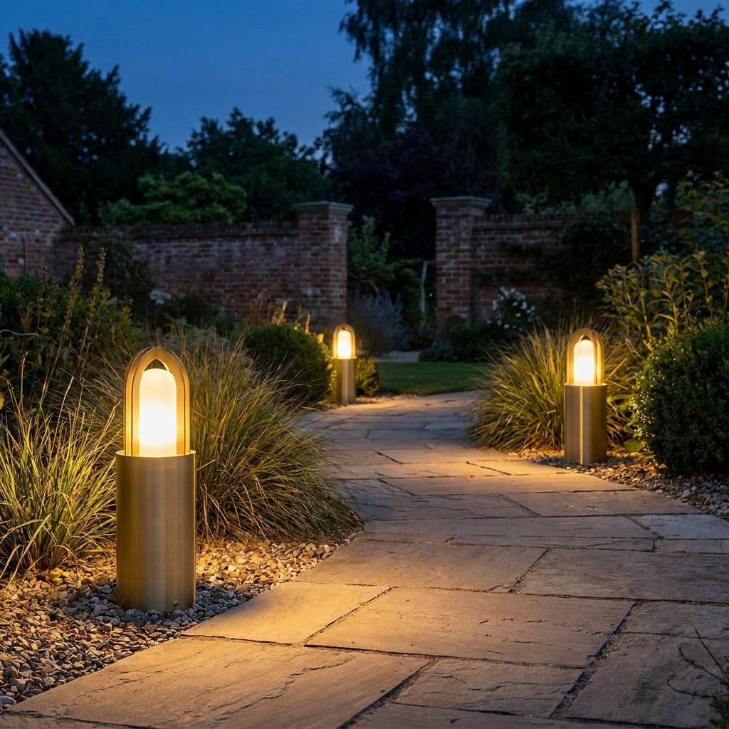 Brass bollard light with a warm glowing opal glass diffuser illuminating a stone garden path at night.