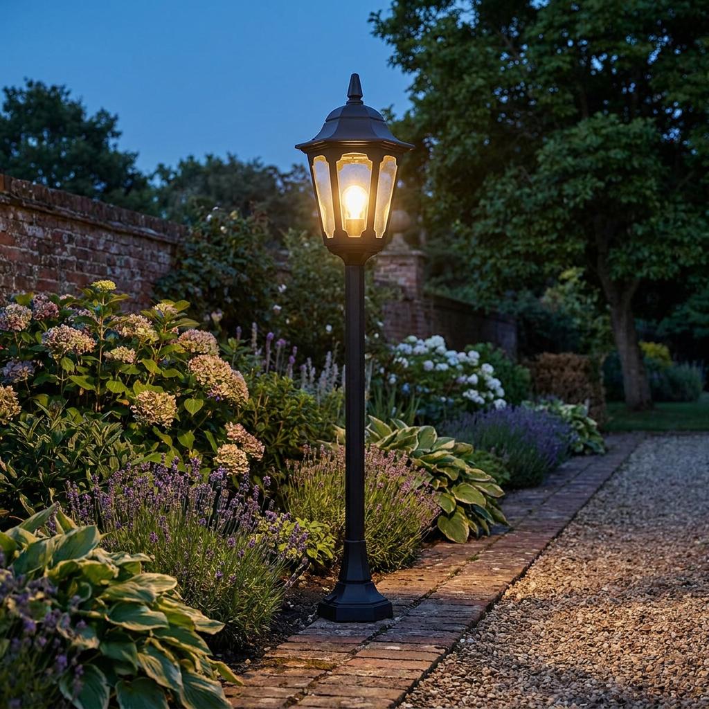 Traditional black bollard light illuminating a lush garden at dusk beside a brick-lined gravel path.