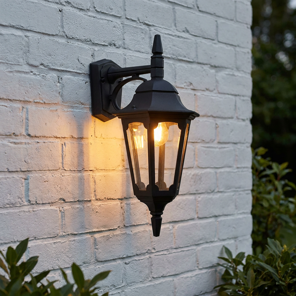 Traditional black outdoor downlighter lantern mounted on a white brick wall, emitting a warm glow.