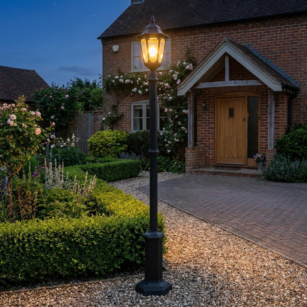 A black Elstead Parish outdoor lamp post illuminating a gravel path in front of a brick house at twilight.