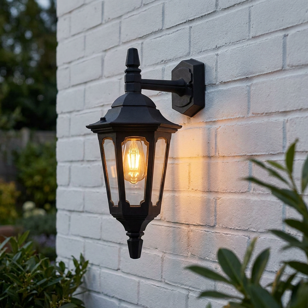 Traditional black lantern wall light illuminated with a warm bulb on a white brick wall.
