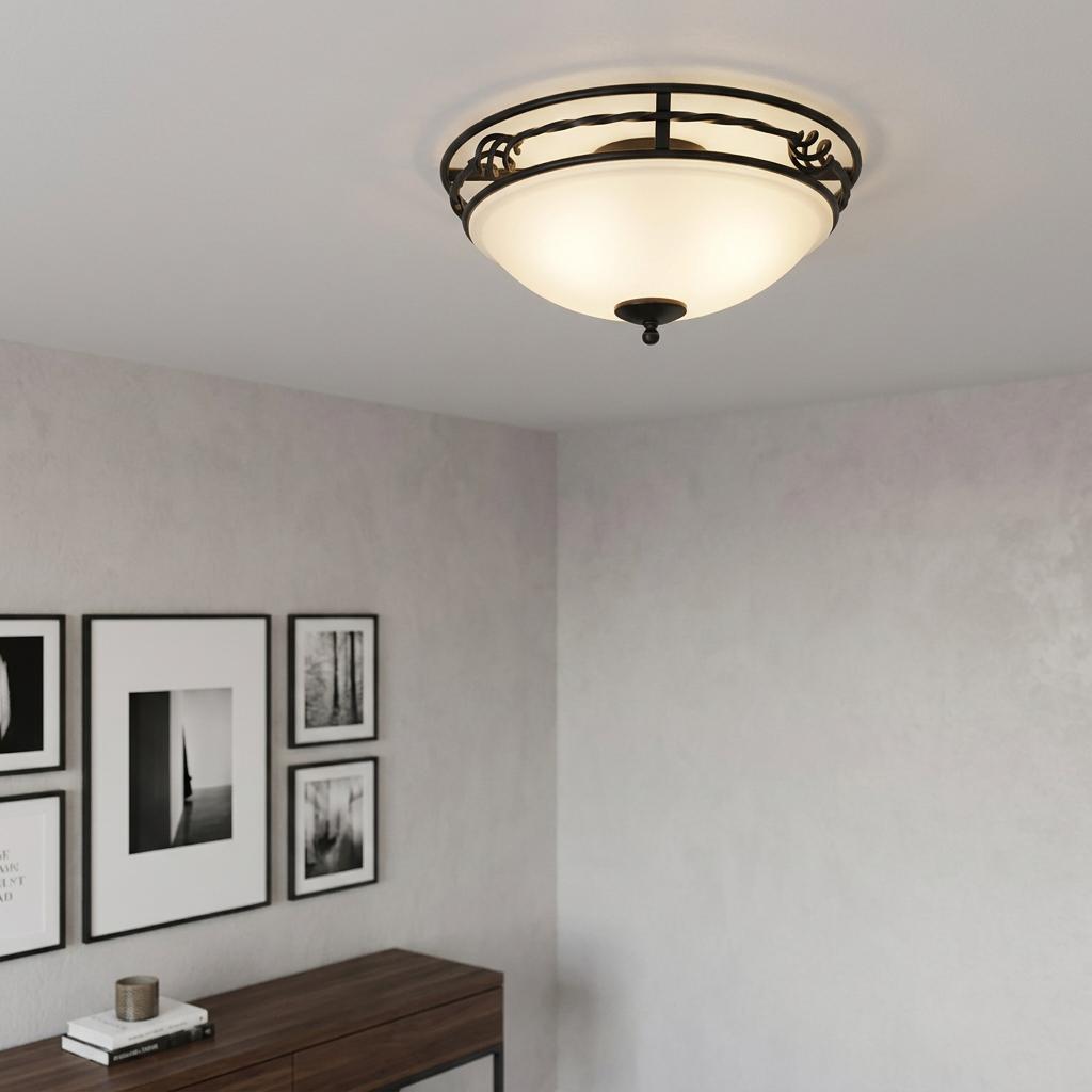 Elstead Pembroke black decorative flush ceiling light with opal glass shade in a modern room setting.