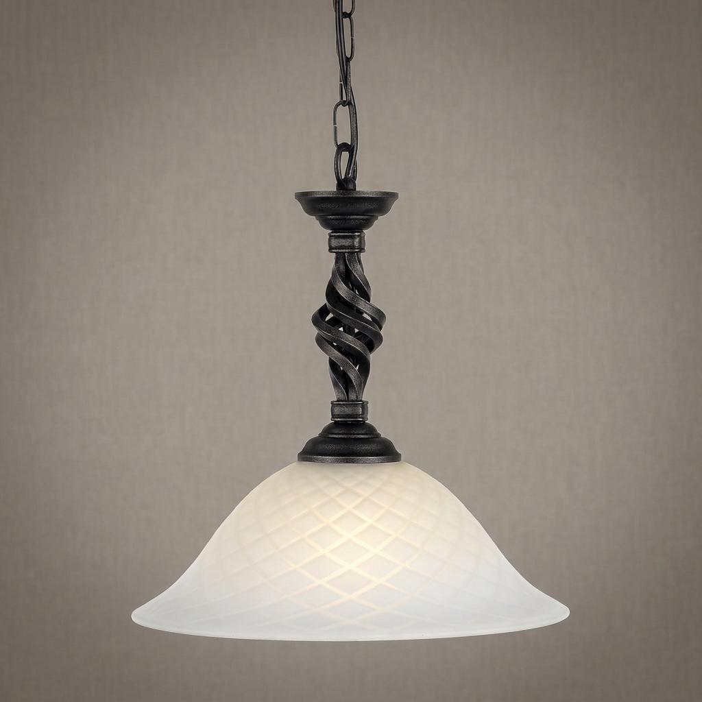 Pembroke black pendant light with a frosted glass diamond-patterned shade and twisted metal stem.