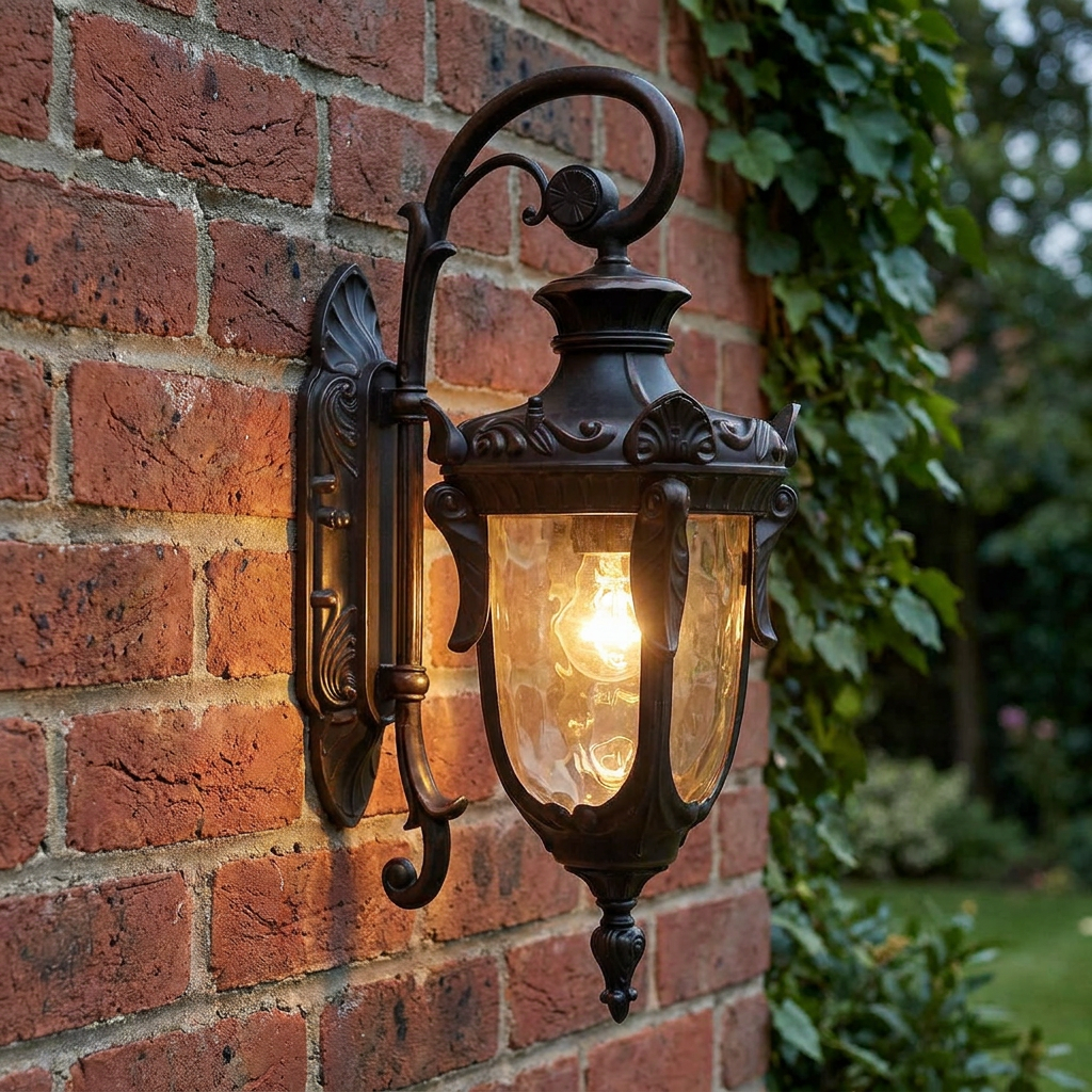 Ornate bronze outdoor wall lantern with textured glass glowing on a red brick wall next to ivy.