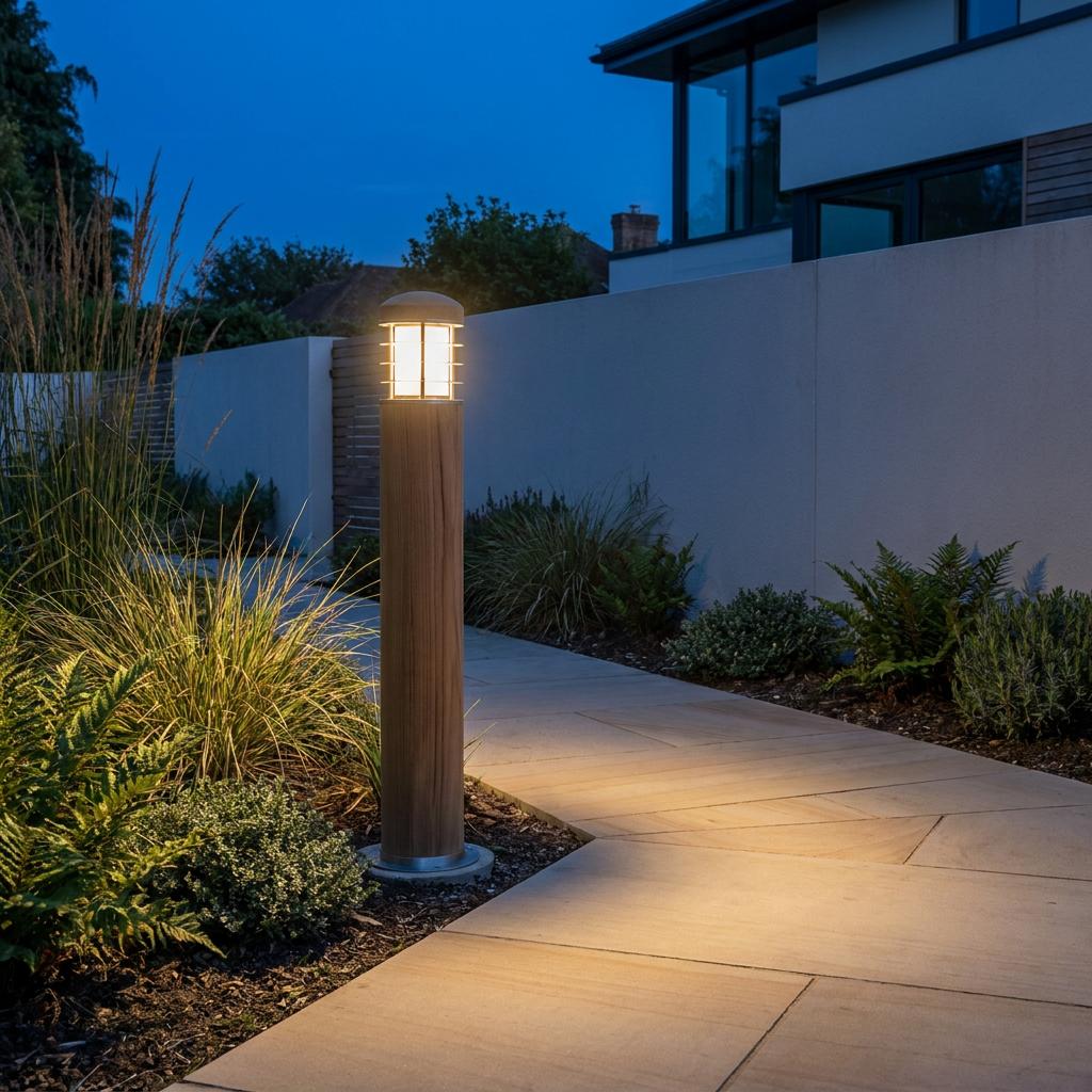 Teak and stainless steel bollard light illuminating a paved garden walkway at dusk.