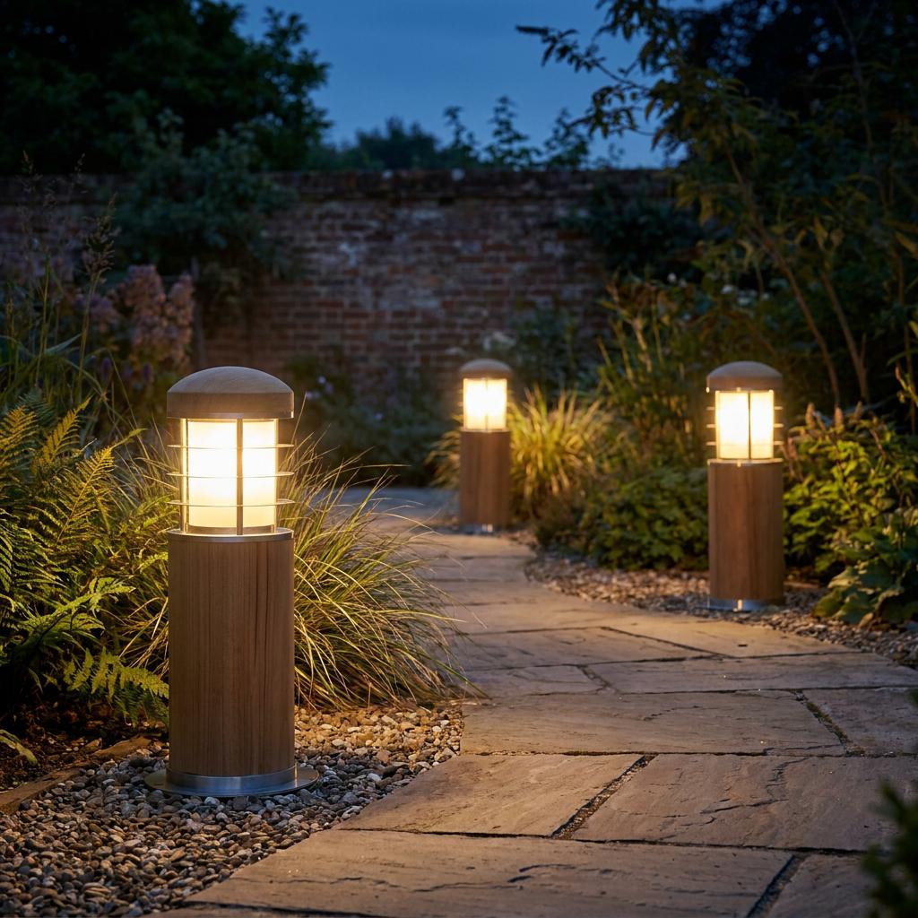 Three stainless steel and teak mini bollard lights illuminate a stone garden pathway at dusk.