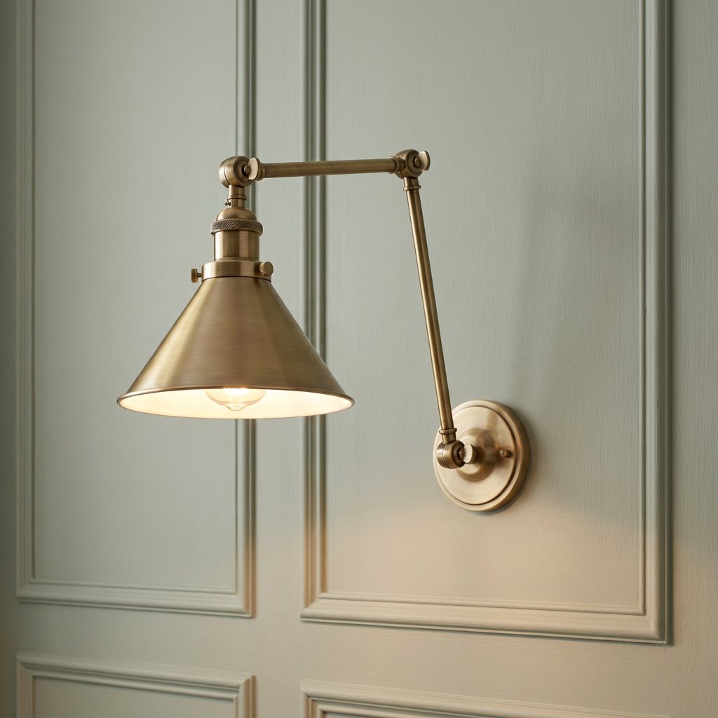 Aged brass swing-arm wall light with a conical shade mounted on a light green paneled wall.