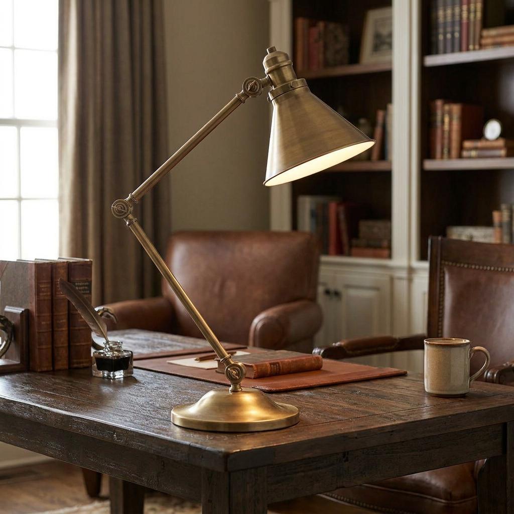 Antique brass swing-arm table lamp casting warm light on a rustic wooden desk in a study setting.