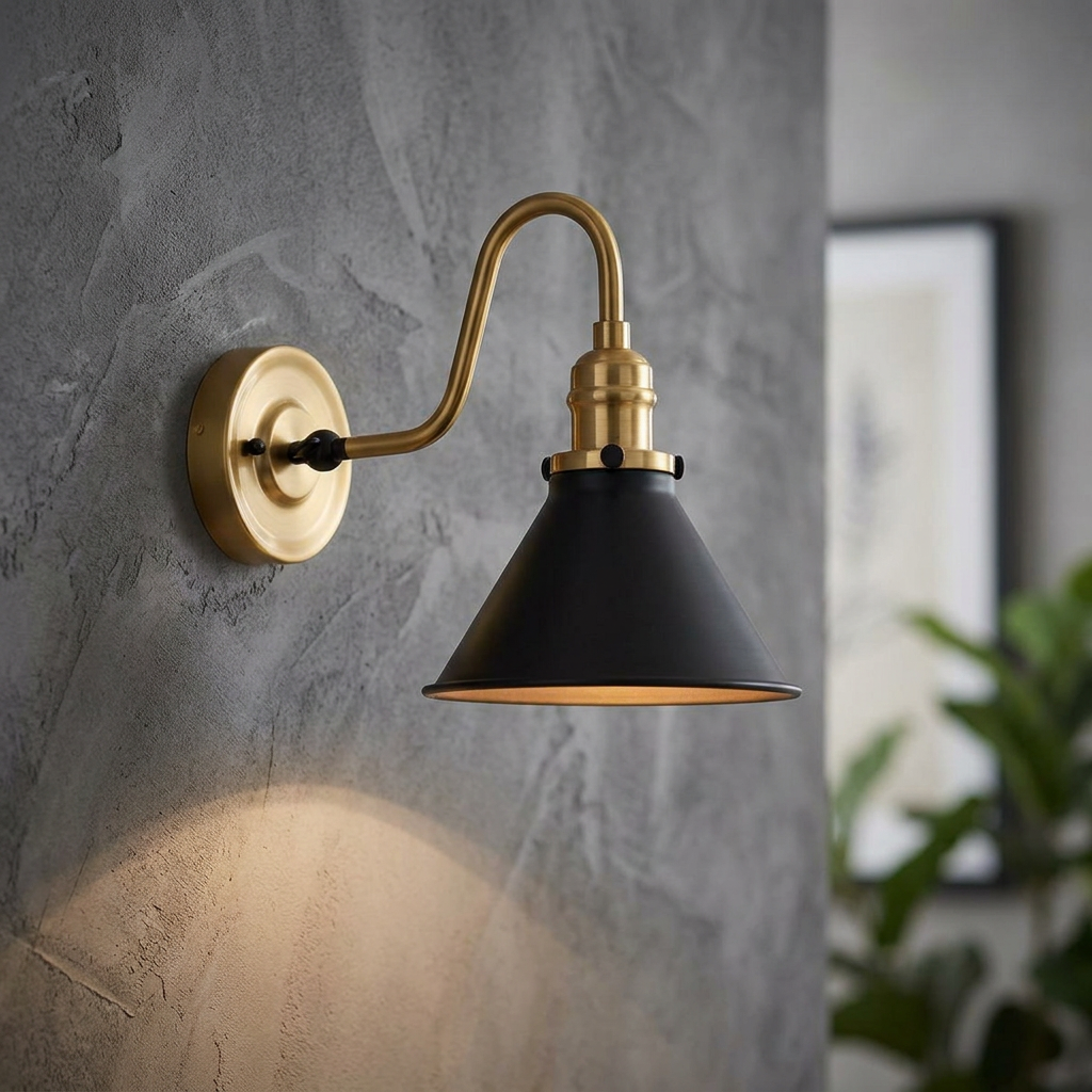 Brass gooseneck wall light with a conical black shade mounted on a textured grey wall, casting a warm glow.