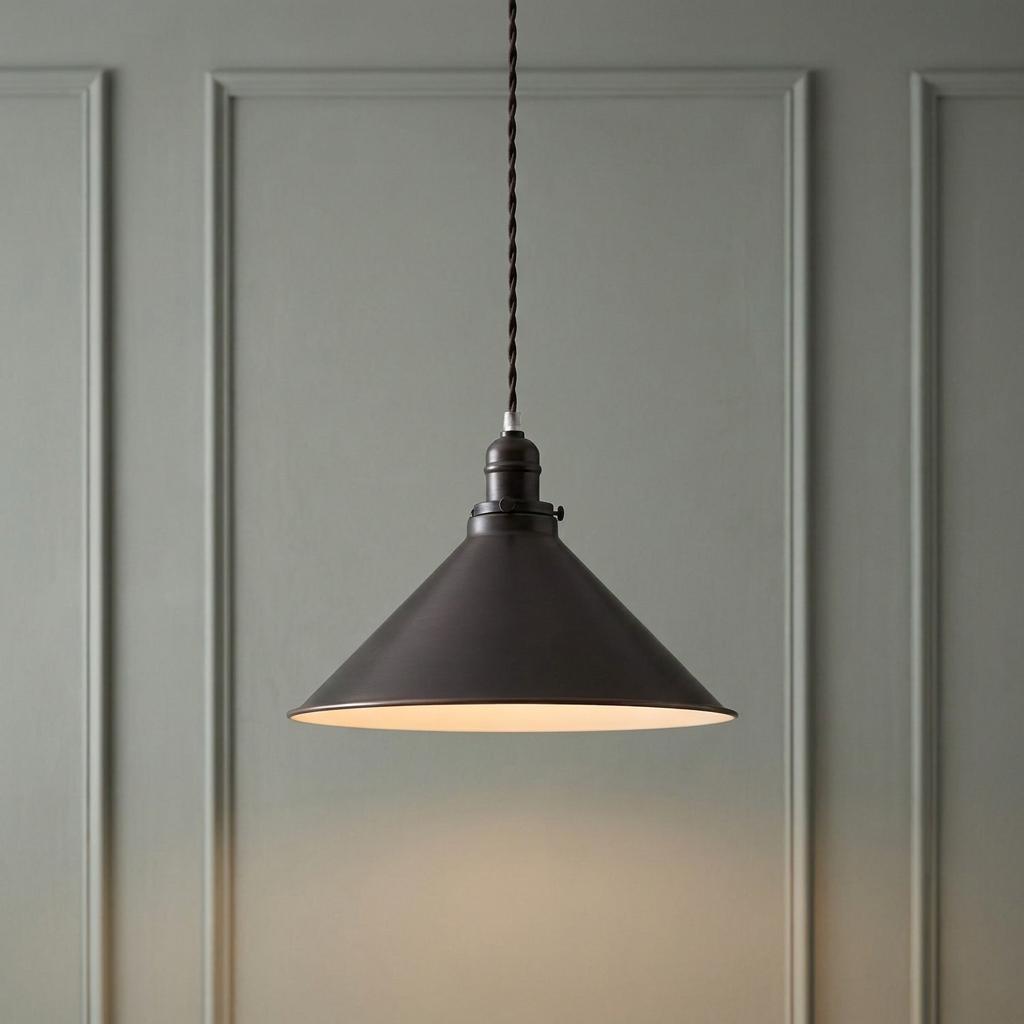 Industrial old bronze conical pendant light with a braided cable hanging against a grey paneled wall.