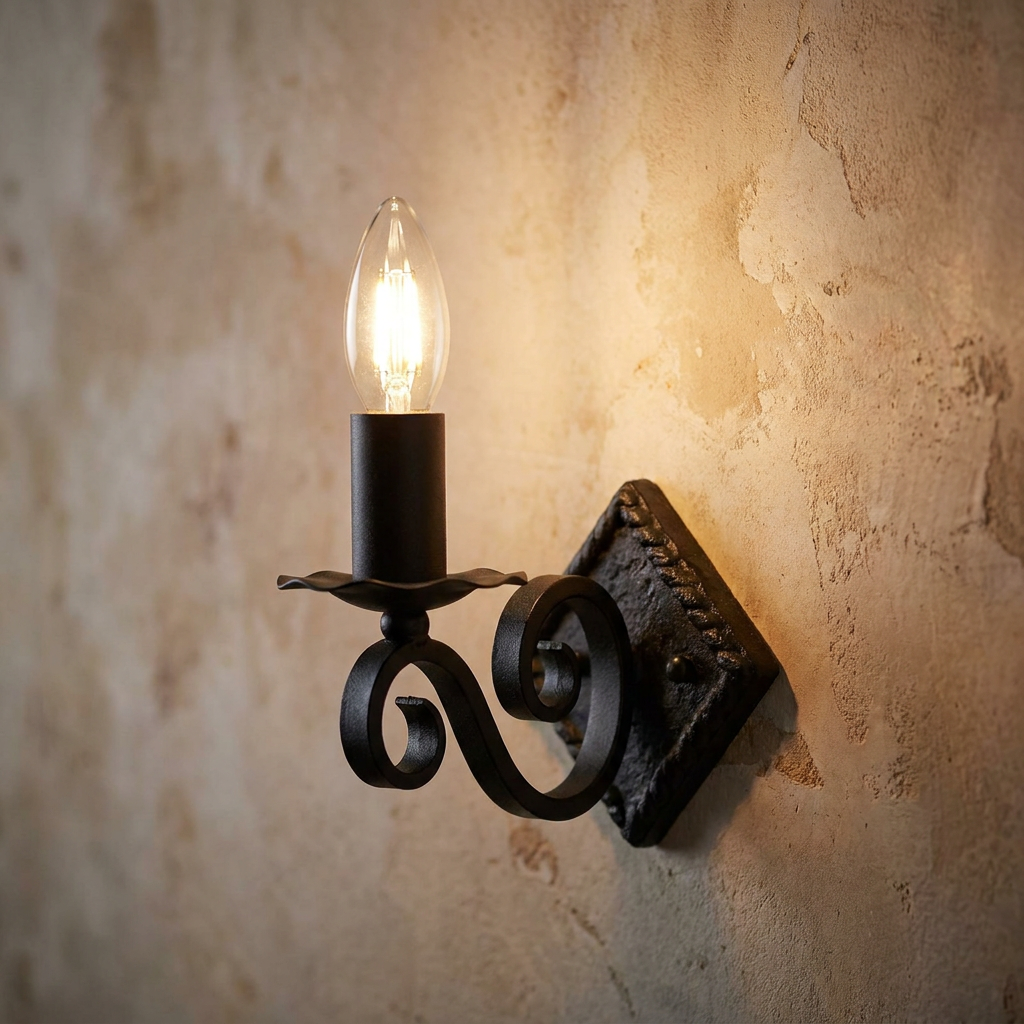 Black wrought iron candle-style wall sconce with a curved arm and lit bulb against a textured rustic wall.
