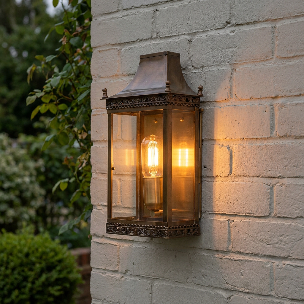 Aged brass outdoor wall lantern with a glowing bulb mounted on a white brick wall.