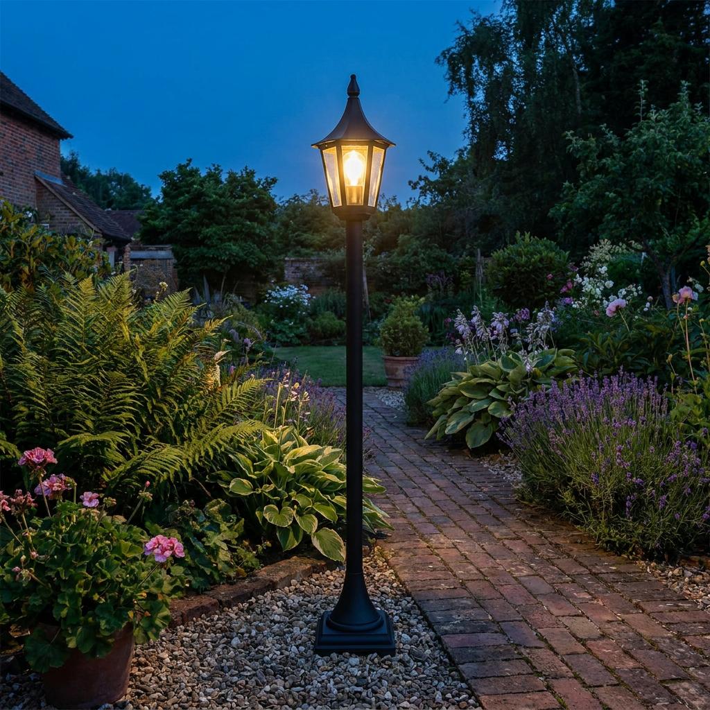 A black outdoor bollard light illuminates a brick path in a lush garden at dusk.