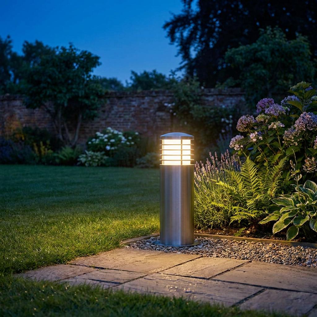 Stainless steel mini bollard light glowing warmly beside a garden path at twilight.