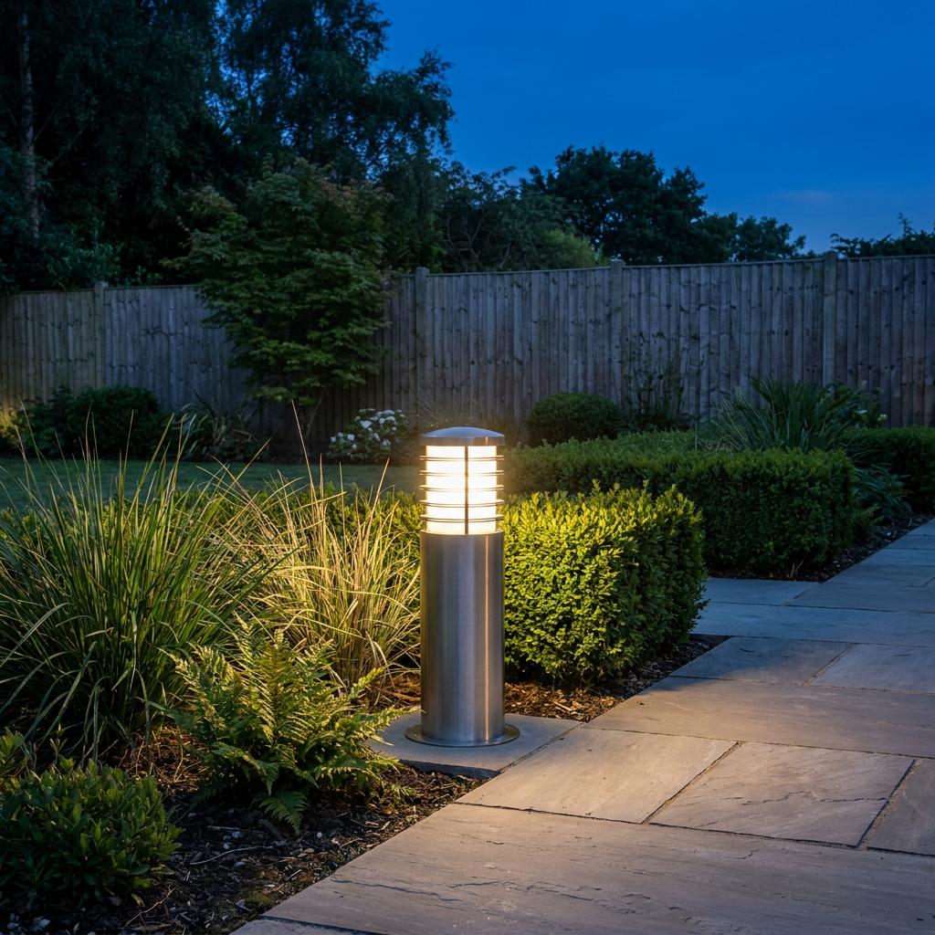 A lit stainless steel mini bollard light illuminating a garden path and shrubbery at twilight.