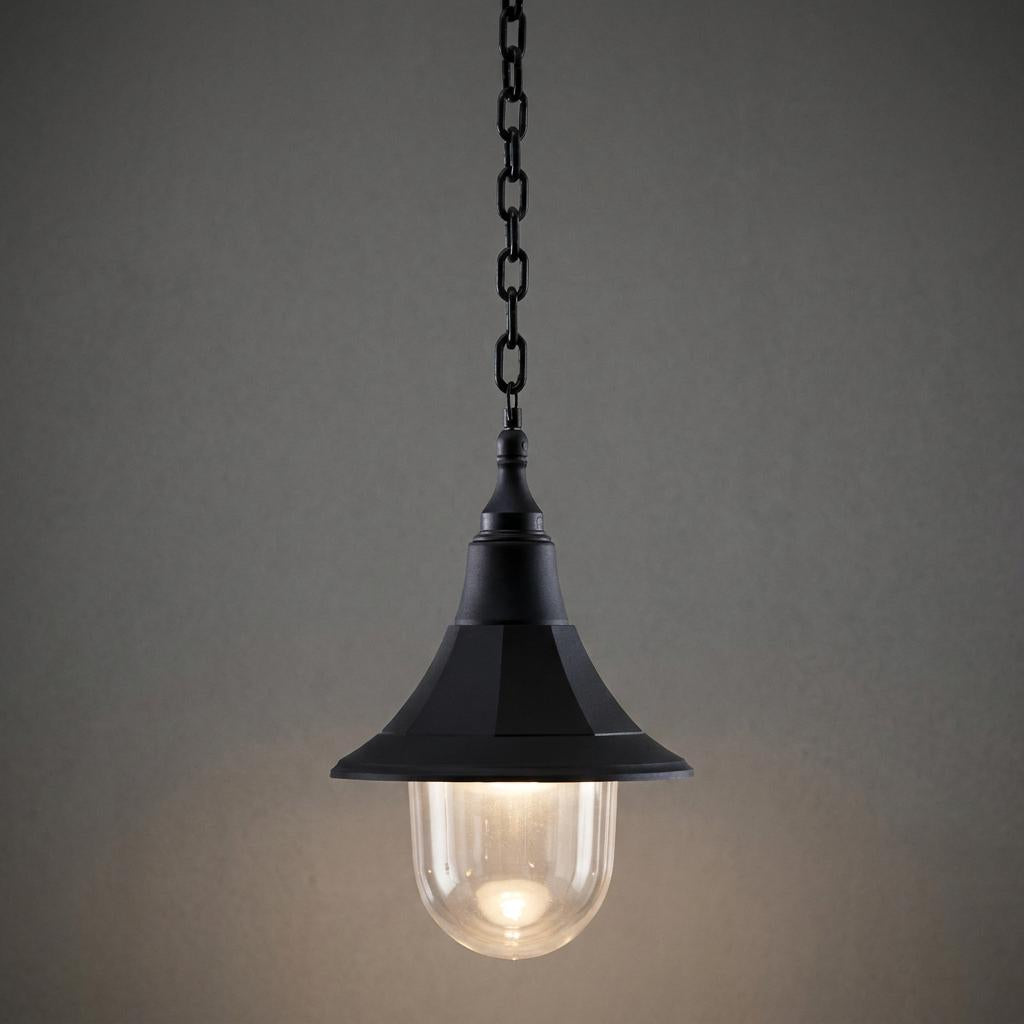 Black outdoor pendant light with a clear glass dome and chain suspension, illuminated against a grey background.