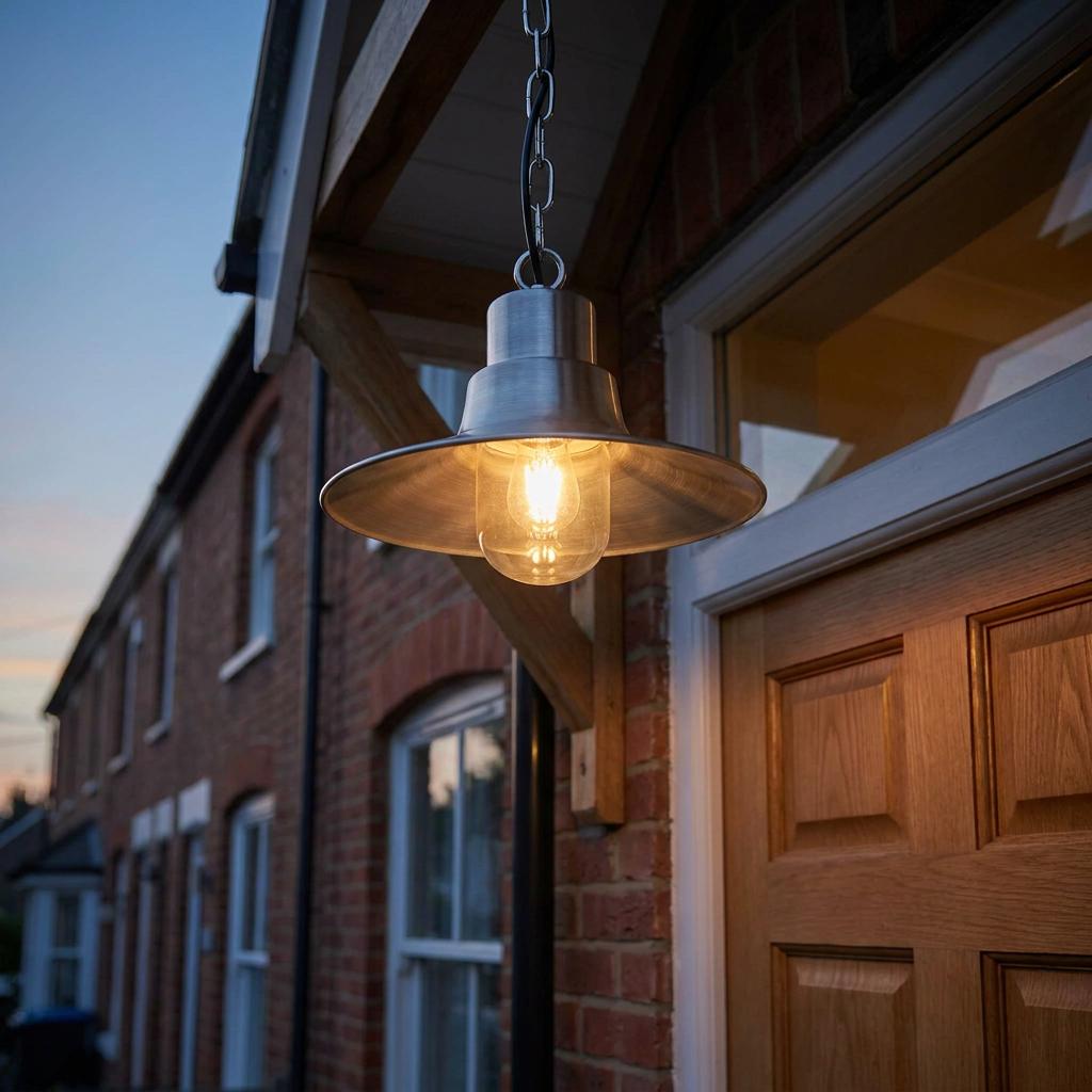 Elstead Sheldon Antique Nickel Outdoor Pendant Light hanging by a wooden door outside a brick house at dusk.