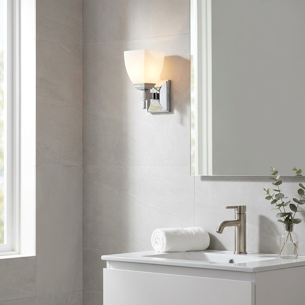 Polished chrome bathroom wall light with a glowing opal glass shade mounted on a grey tiled wall.