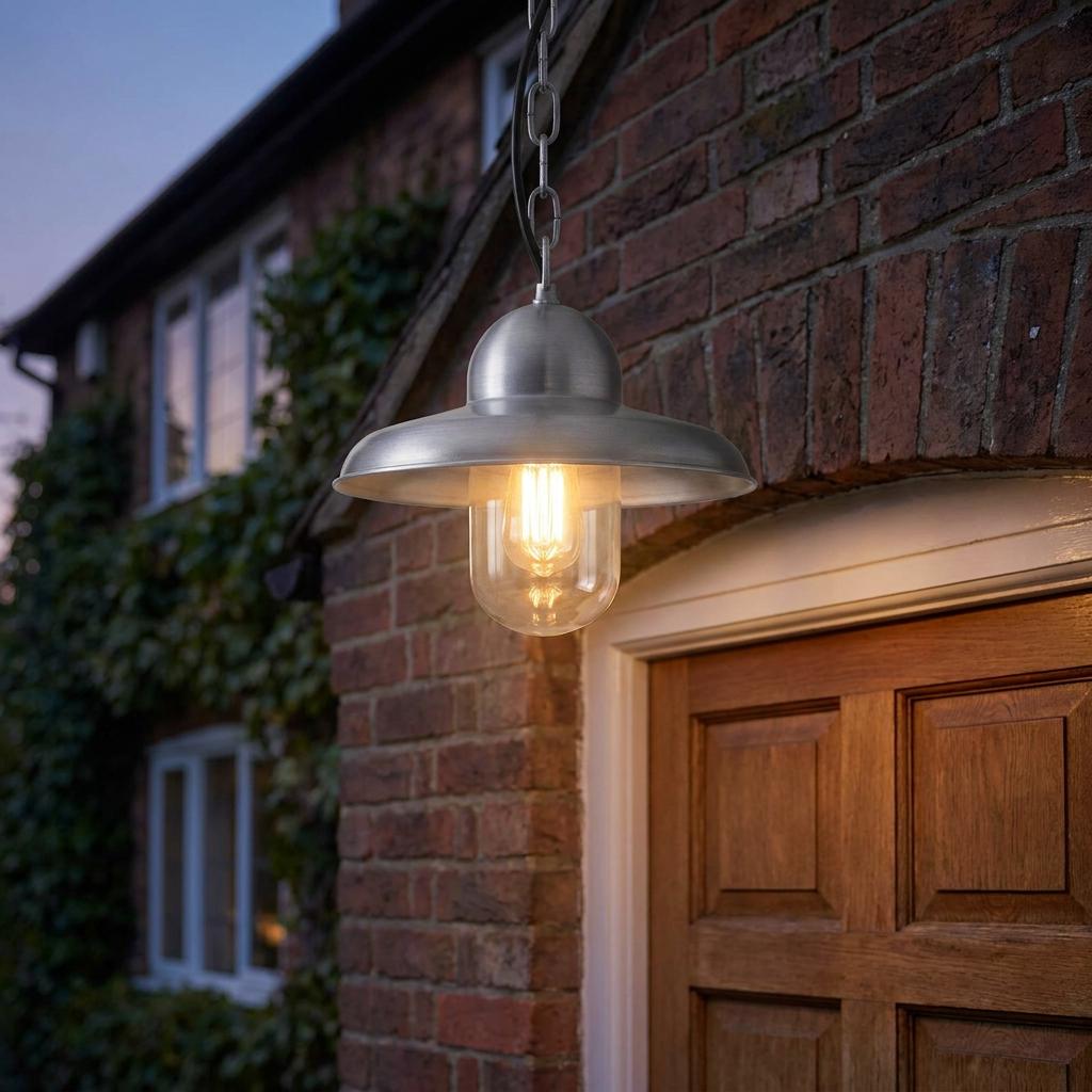 Antique nickel outdoor pendant light with a clear glass shade hanging above a wooden door at dusk.
