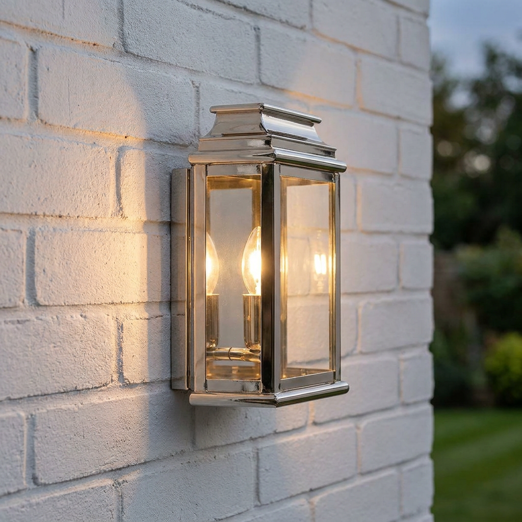 An illuminated Elstead St Martins polished nickel lantern wall light mounted on a white painted brick wall.