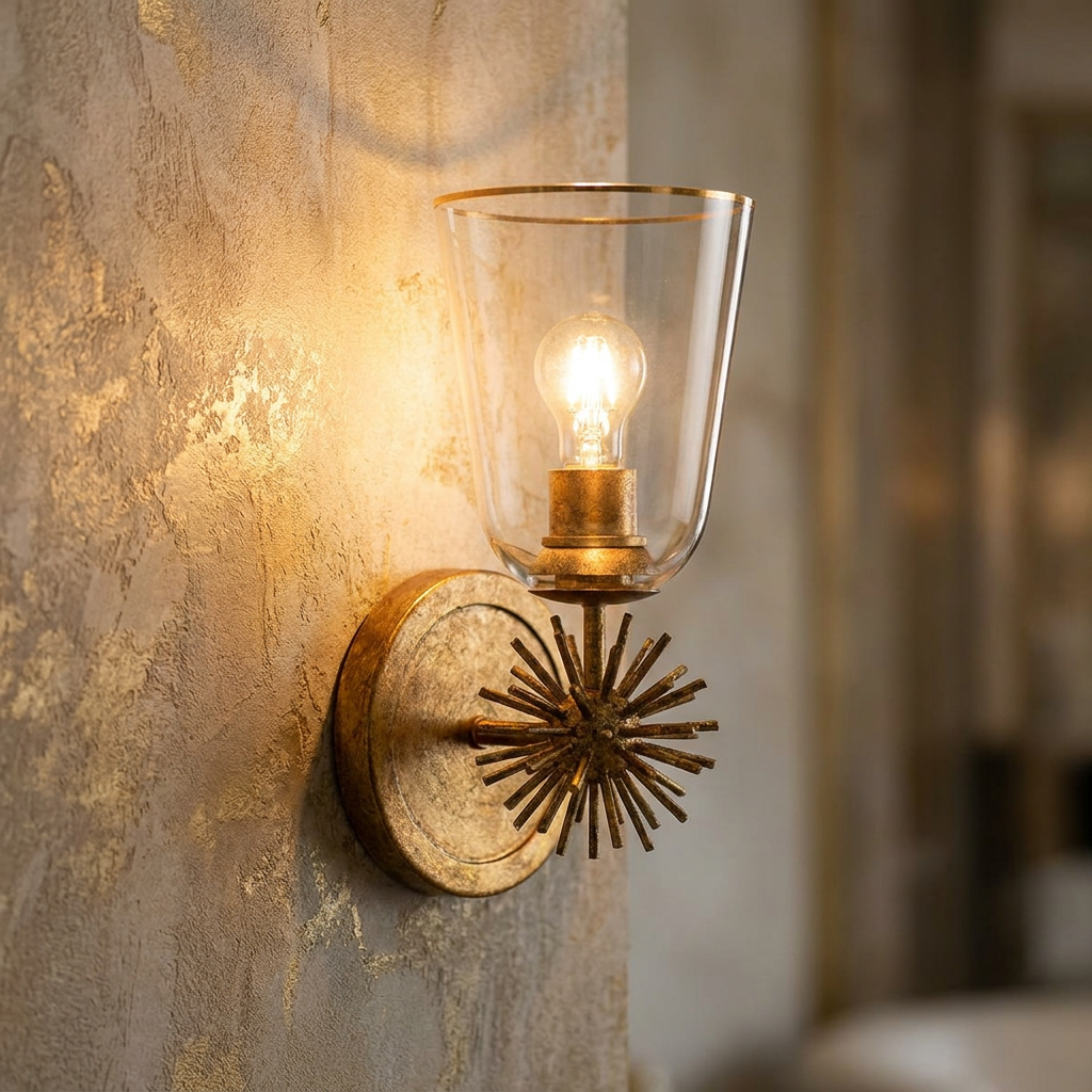 Elstead Staring Gold Wall Light with a clear glass shade and starburst motif on a gold textured wall.