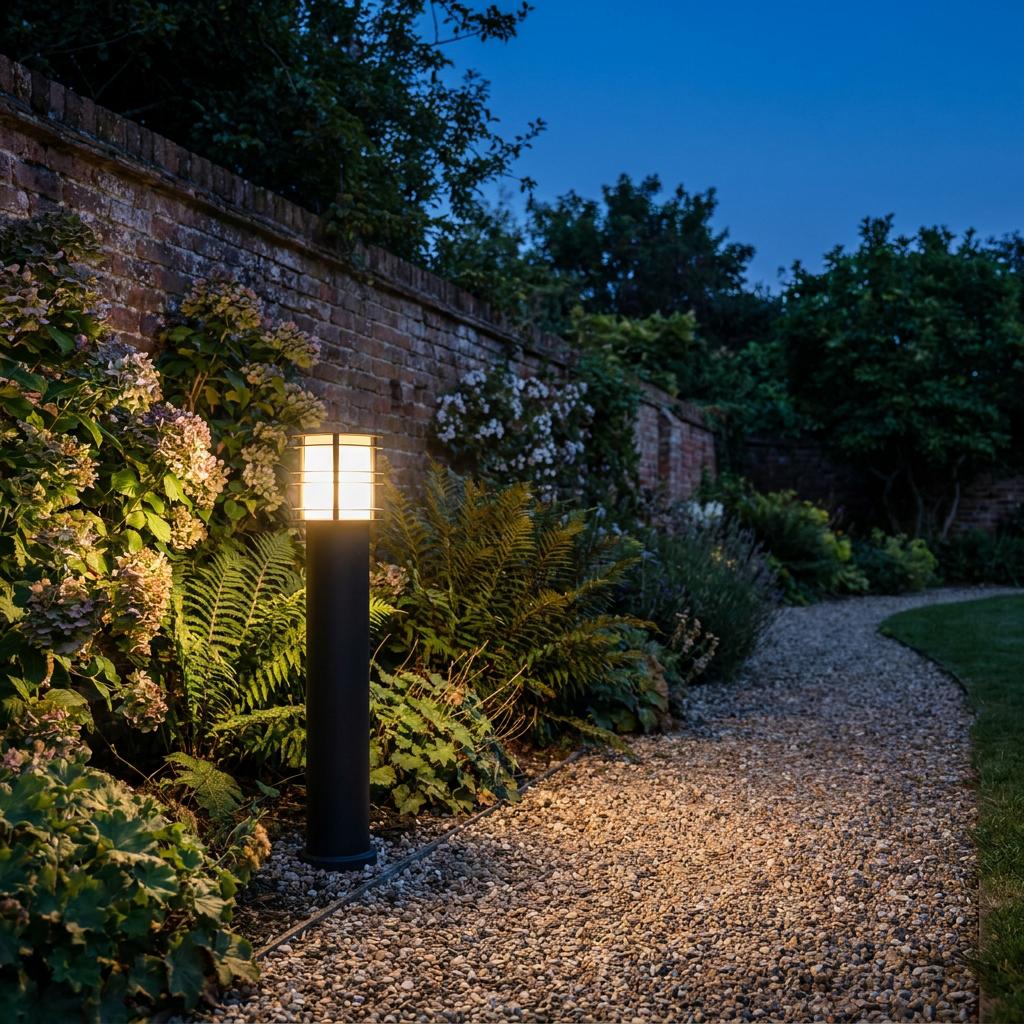 Elstead Stockholm black bollard light illuminating a gravel garden path and lush plants at dusk.